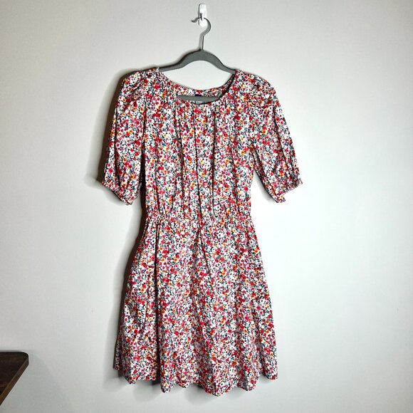 Old Navy Waist-Defined Puff-Sleeve Floral Cotton-Poplin Mini Dress Ditsy Floral - Picture 1 of 5